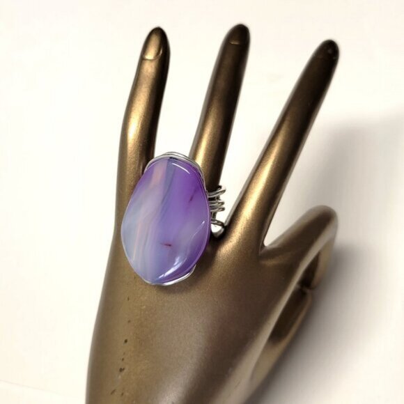 Purple Agate Ring Adjustable Band Handmade Semi Precious Ring - Picture 2 of 9